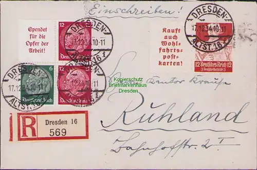 B14809 DR Brief Nothilfe Stände 1934 W 101 S 123 Einschreiben Dresden - Ruhland