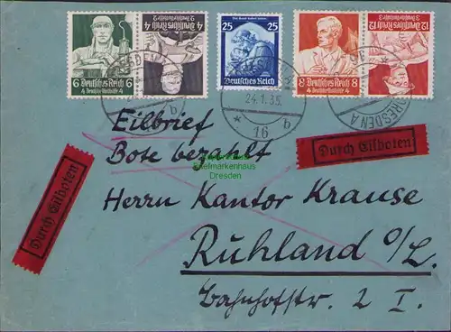 B14811 DR Brief Nothilfe Stände 1934 K 23 24 Eilboten Dresden - Ruhland 1935