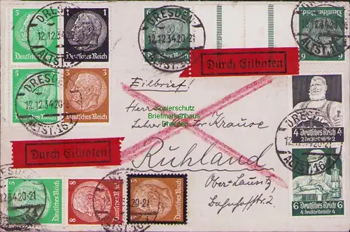 B14813 DR Brief Nothilfe Stände 1934 KZ 22 W 59 60 219 Eilboten Dresden Ruhland