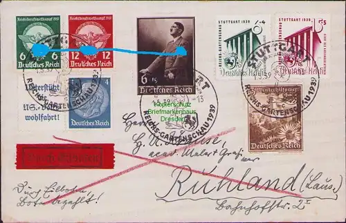 B14816 DR Brief Stuttgart 1939 Reichsgartenschau Eilbrief nach Ruhland W 68 689