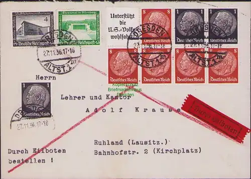 B14818 DR Brief Heftchenblatt 88 Hindenburg Dresden 1936 Eilboten n. Ruhland