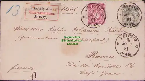 B14993 Deutsches Reich 38  50 Pfennige MiF 41 Leipzig 4 Einschreiben nach Rom It