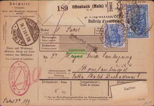B14988 Deutsches Reich 95 Paketkarte Offenbach Main n Constantinopel Türkei 1918
