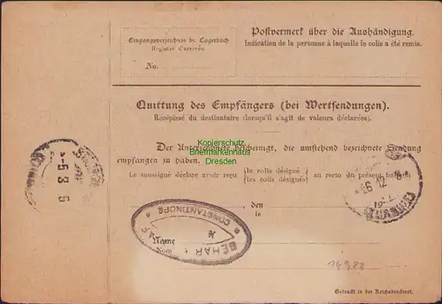 B14988 Deutsches Reich 95 Paketkarte Offenbach Main n Constantinopel Türkei 1918