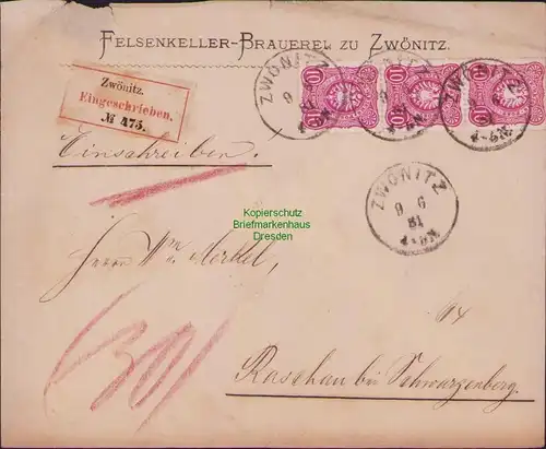 B14997 Deutsches Reich 3x 41 10 Pfennig MeF frühes Einschreiben Zwönitz 1881