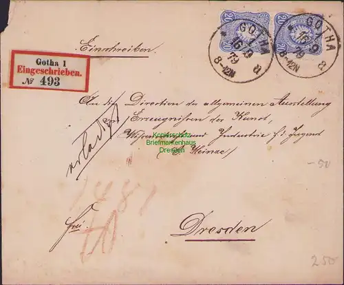 B14995 Deutsches Reich 2x 34a 20 Pfennige MeF frühes Einschreiben Gotha 1879
