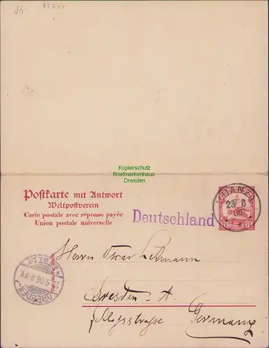 B14837 Ganzsache Postkarte m. Antwort Deutsch Ostafrika Muanza 1906 nach Dresden