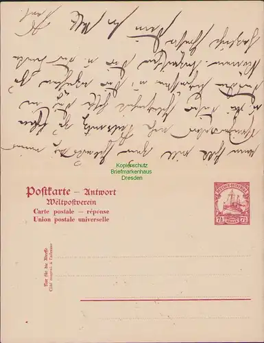 B14837 Ganzsache Postkarte m. Antwort Deutsch Ostafrika Muanza 1906 nach Dresden