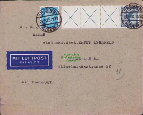 B14807 DR Brief Luftpost 1931 Zusammendruck W 21.3 Dresden 1932 nach Kiel