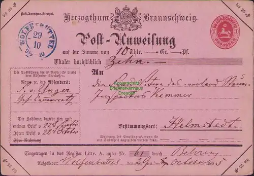 B14881 Braunschweig Ganzsache Postanweisung Wolfenbüttel 1865 nach Helmstedt