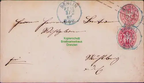 B14899 Preussen 1867 Berlin PE 10 nach Mühlberg Elbe leerer Ganzsachen Umschlag