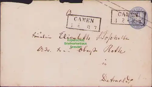 B14886 Preußen Ganzsache 2 Sgr. Camen Kamen NRW nach Detmold um 1860