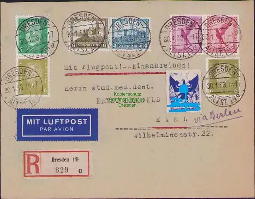 B14808 DR Brief Luftpost 1931 Zusammendruck W 22 Dresden 1933 nach Kiel S42 W 41