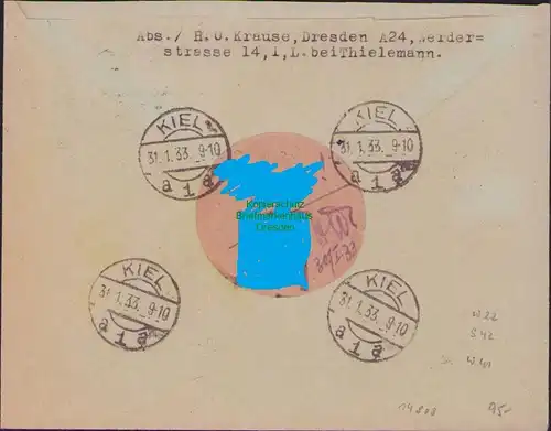 B14808 DR Brief Luftpost 1931 Zusammendruck W 22 Dresden 1933 nach Kiel S42 W 41