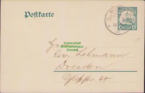 B14843 Postkarte Deutsch Ostafrika mit WZ Muansa Viktoria 1910 nach Dresden