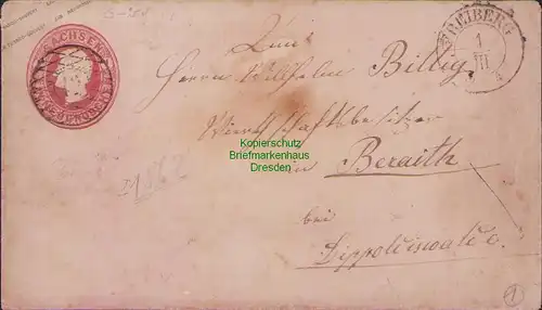 B14901 Sachsen Ganzsache Freiberg 1862 oder 1863 nach Berreuth b. Dippoldiswalde