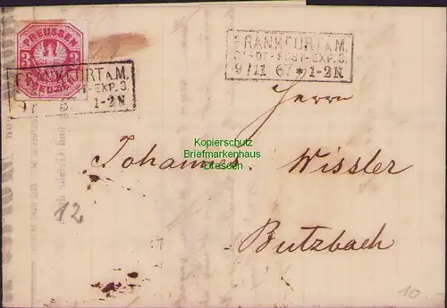 B14895 Preussen Faltbrief 24 Frankfurt a. M. 1867 n Butzbach gedruckte Rechnung