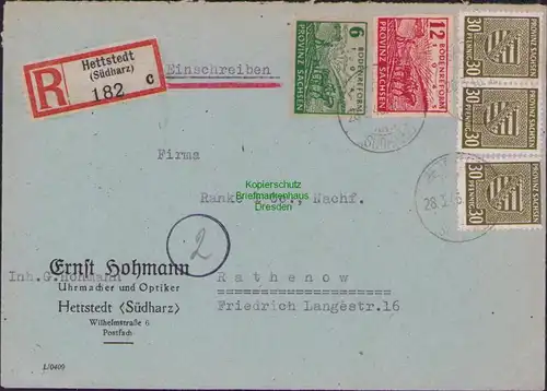 B14969 SBZ Brief Einschreiben Hettstedt Südharz 1946 Doppelbrief n. Rathenow