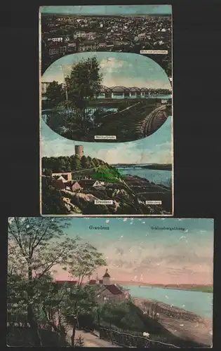 144571 2 AK farbig Graudenz 1915 1916 Schlossberg Weichselbrücke