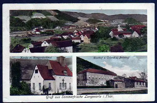 63123 AK Langenorla Bahnhof Gasthof zum Orlatal Kirche 1921