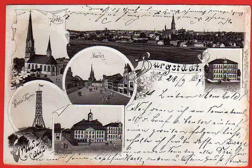 62875 AK Litho Burgstädt 1897 Kirche Schule Wettin Turm Markt Rathaus