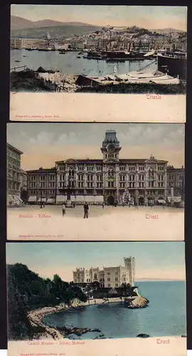 52613 3 AK Triest Trieste Italien Rathaus Hafen Castello Schloss Miramarum 1900