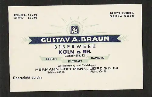 20833 Vertreterkarte Gustav M. Braun Biberwerk Köln a. Rhein