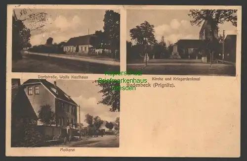 145591 AK Sadenbeck Pritzwalk Prignitz 1929 Molkerei Wolfs Kaufhaus Kirche
