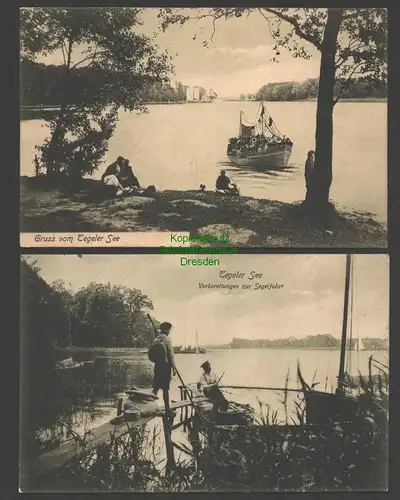 140902 2 AK Tegele See Vorbereitungen zur Segelfahrt 1907 Verlag Goldiner