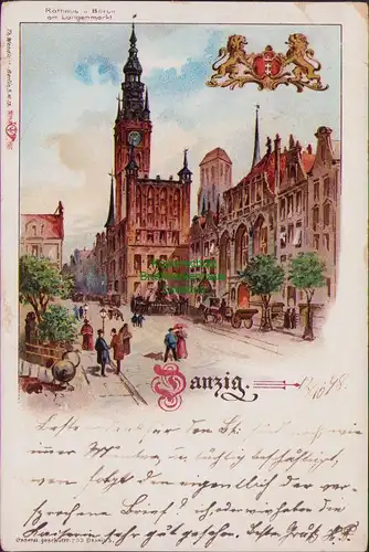 156455 AK Danzig Litho 1898 Rathaus und Börse am Langenmarkt