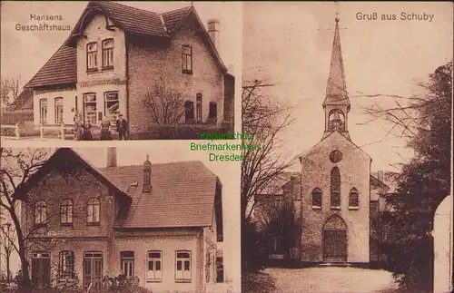 156305 AK Schuby Schleswig 1927 Hansens Geschäftshaus Kirche
