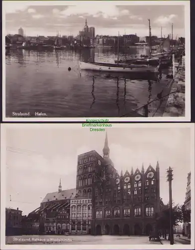 152884 2 AK Stralsund Hafen Rathaus Nicolaikirche um 1935