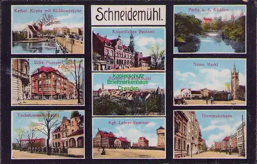 156001 AK Pila Schneidemühl 1915 9 B. Post Küddowbrücke Seminar Bismarckstraße