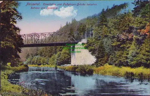 152642 AK Neißetal Eisenbahn und Fußgänger Brücke Rohnau und Rosenthal um 1915