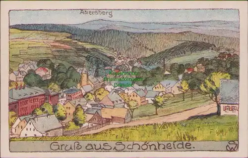 152683 AK Künstlerkarte Gruß aus Schönheide Erzgebirge Auersberg um 1920