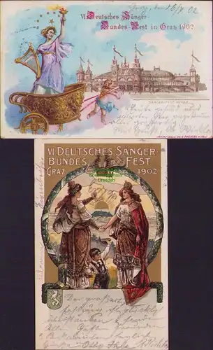 152795 2 AK VI. Deutsches Sängerbundfest Graz 1902 geprägt schöner Golddruck