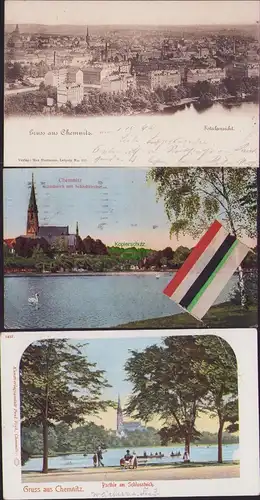 152711 3 AK Chemnitz Totalansicht 1898 Schlossteich Kirch mit Fahnenband 1925