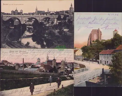 152639 3 AK Bautzen 1908 Nikolairuine Seidauer Spreebrücke Kronprinzenbrücke