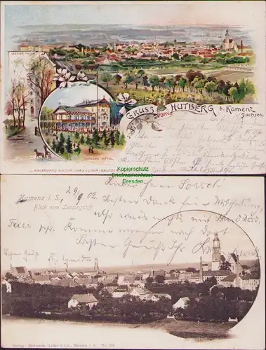 152597 2 AK Gruss vom Hutberg bei Kamenz Hotel 1899 Blick vom Lessingstift 1902