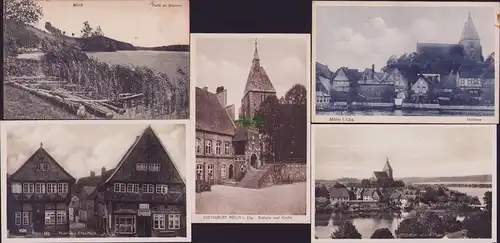 152584 5 AK Mölln i. L. 1913 Am Drüsensee Museum Altes Haus Kirche Stadtsee 1929