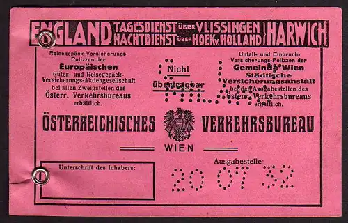68714 Fahrkarte Brenner Kufstein 1932 Fahrscheinheft