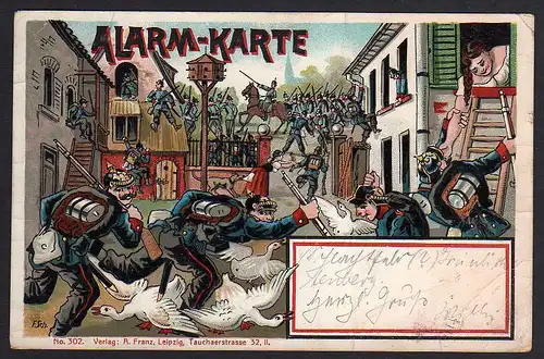 63565 AK Militär Humor 1902 Alarm Karte Soldaten Bauernhof Bäuerin Flucht