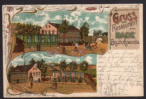 63200 Top Jugendstil Litho Bischofswerda Restaurant zum Bade 1903