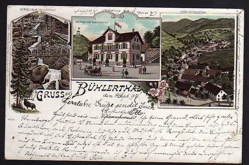 63326 AK Bühlertal Litho 1897 Gasthaus zum Badischen Hof Wasserfall Brücke