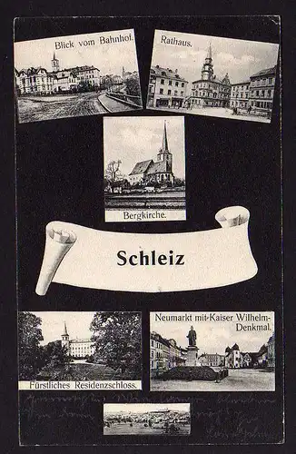 52731 AK Schleiz Thüringen 1907 Blick vom Bahnhof Rathaus Bergkirche Neumarkt