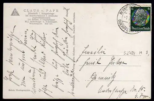 52784 AK Jöhstadt Erzgebirge Claus v. Pape Jugendherberge 1939