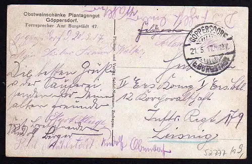 52777 AK Göppersdorf Burgstädt Obstweinschänke Plantagengut 1917 Feldpost