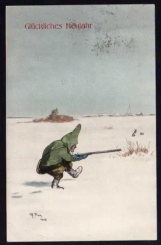 51636 AK Neujahr Zwerg Jagd Hase Schnee 1908 Künstlerkarte T. Piek