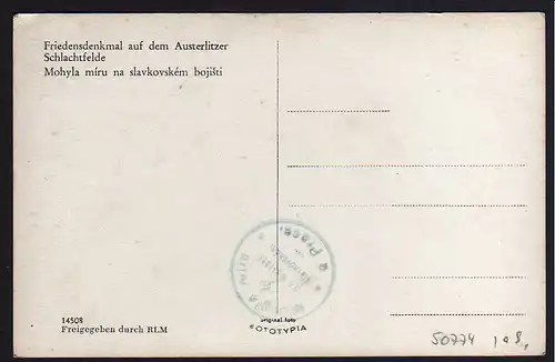 50774 AK Austerlitz Friedensdenkmal Slavkov u Brna um 1940