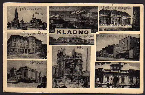 50772 AK Kladno 9 Ansichten Fabrik Bio Sokol Divadlo … 1939